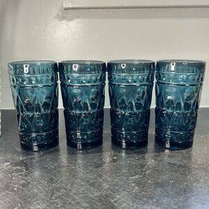 4- Colony By Indiana Glass Park Lane Blue Flat Iced Tea Water Tumbler 5.5" MCM